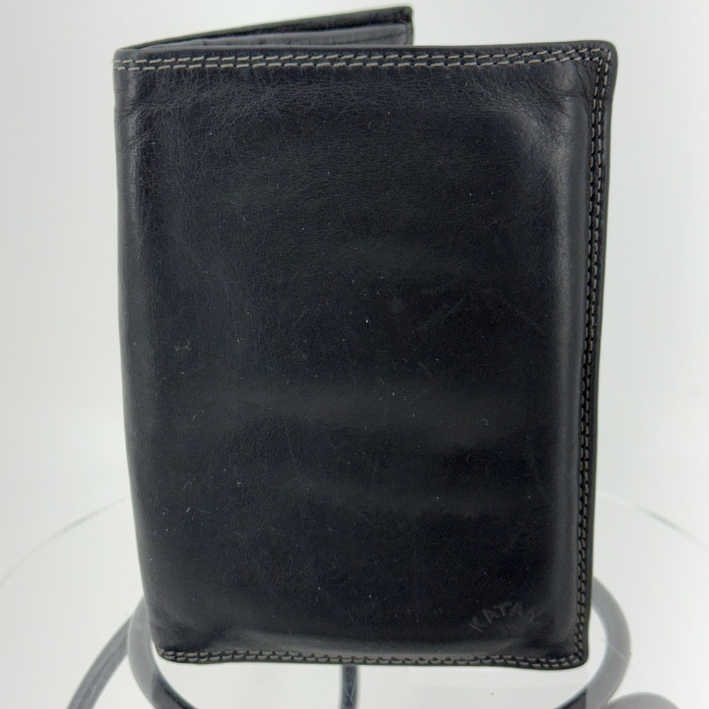 Katana‎ Mens Black Leather Trifold Wallet Vertical Zip Pocket ID Windows